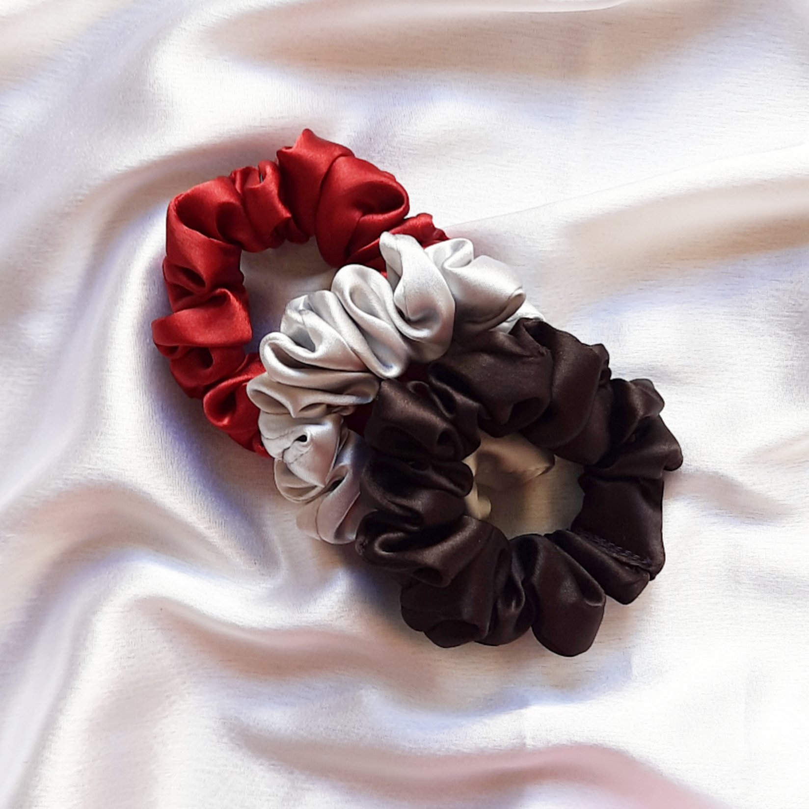 Combo of 3 Mini Satin Scrunchies || Red || Silver || Black