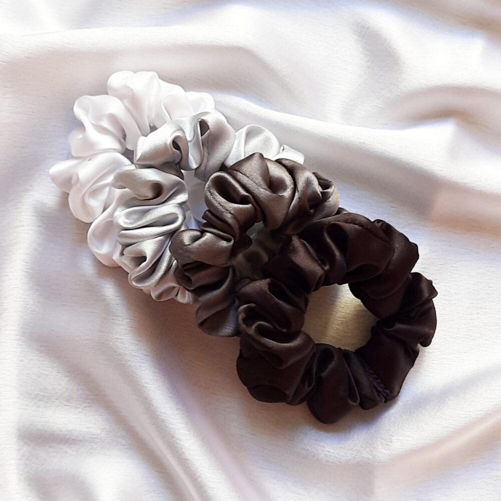 Combo of 4 Mini Satin Scrunchies || White || Silver || Grey || Black