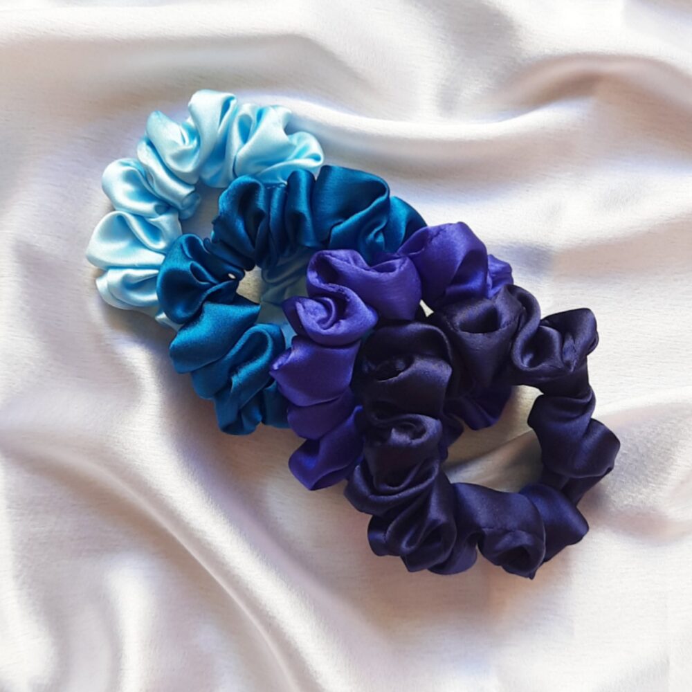 Combo of 4 Mini Satin Scrunchies || Light Blue || Eastern Blue || Royal Blue || Navy Blue