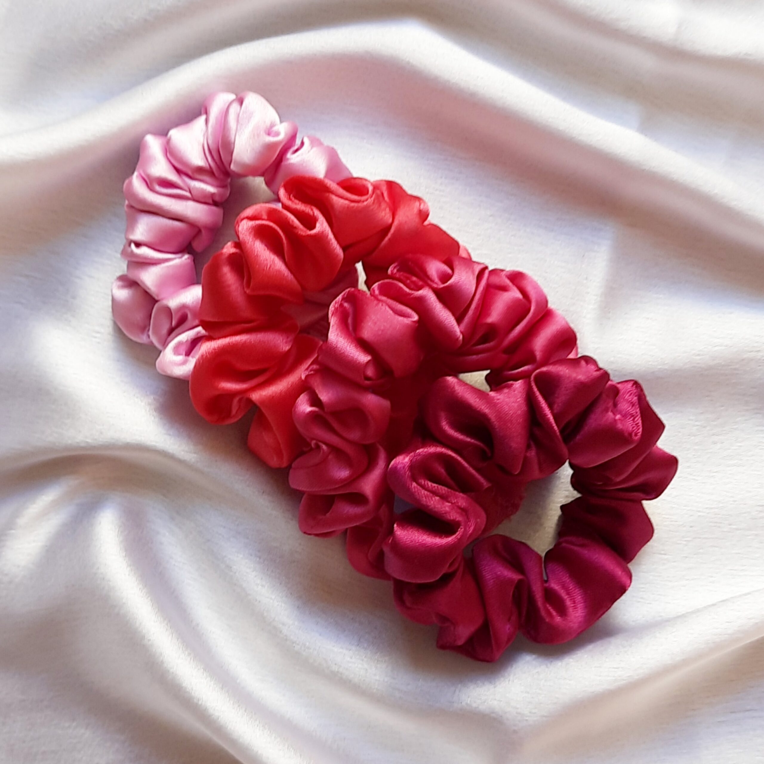 Combo of 4 Mini Satin Scrunchies || Light Pink || Hot Pink || Rose Pink || Magenta