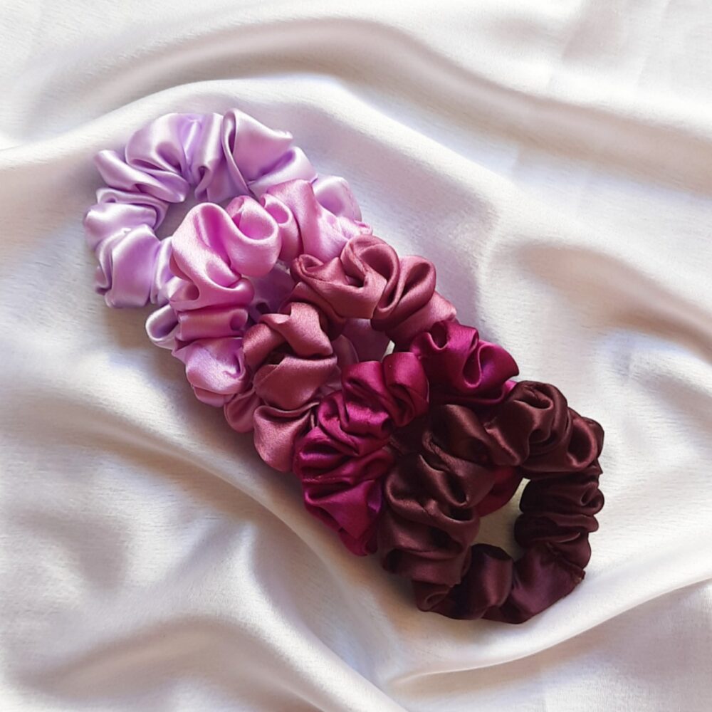 Combo of 5 Mini Satin Scrunchies || Light Purple || Lavender || Dark Plum || Violet || Eggplant