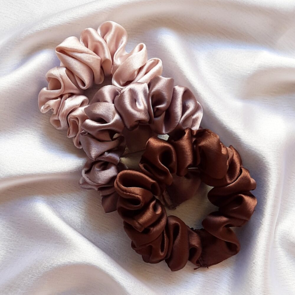 Combo of 3 Mini Satin Scrunchies || Ivory || Pantone || Coffee