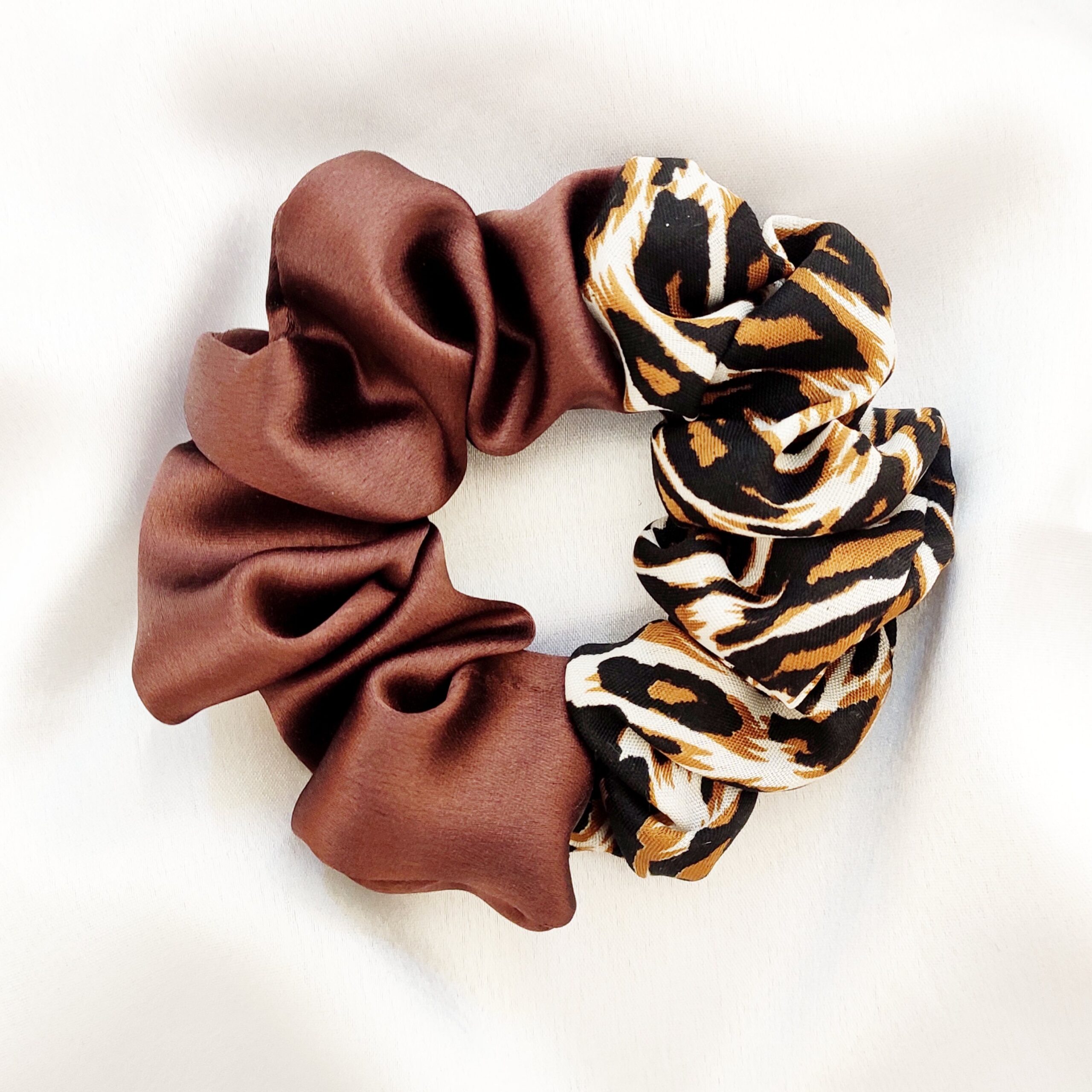 Dual Scrunchie || Cheetah/Tiger/Leapord Printed Crepe + Brown Satin