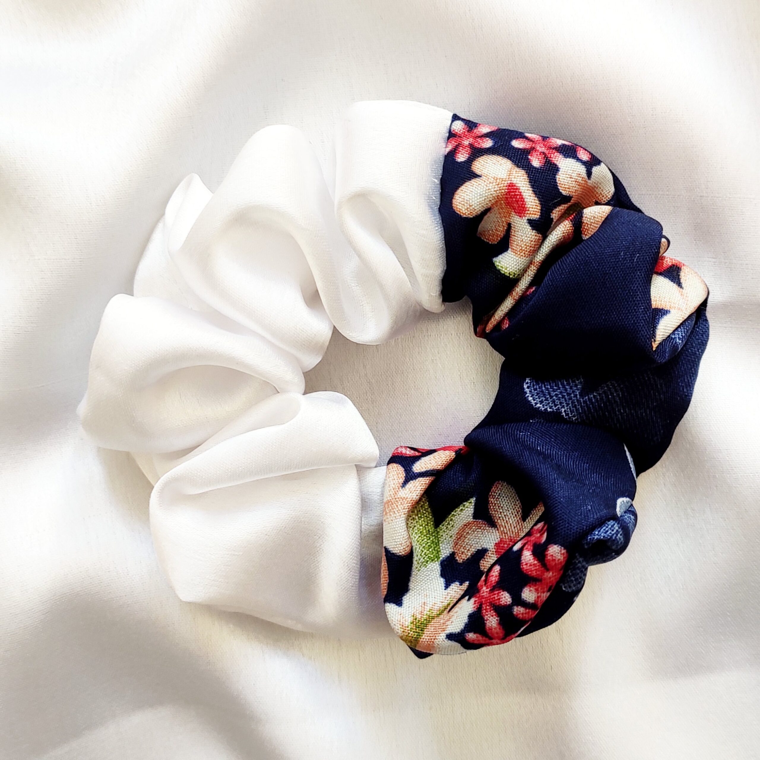 Dual Scrunchie || White Satin + Blue Flora Printed