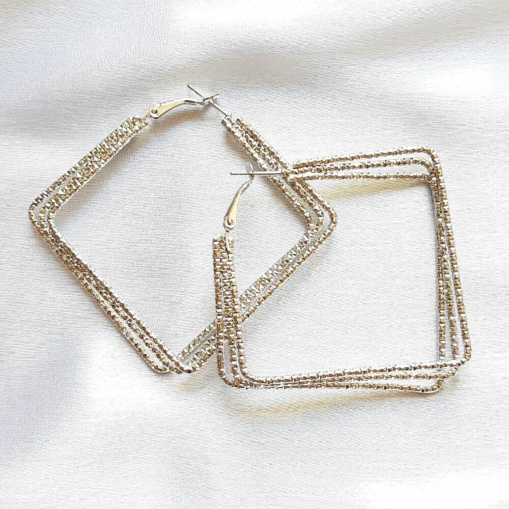 Silver sqaure 3 ring Hoop Earings