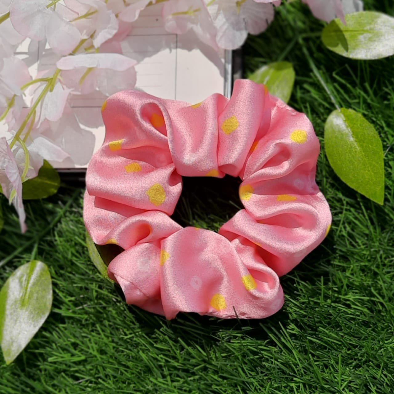 Pink & Yellow Dotted Satin Scrunchie
