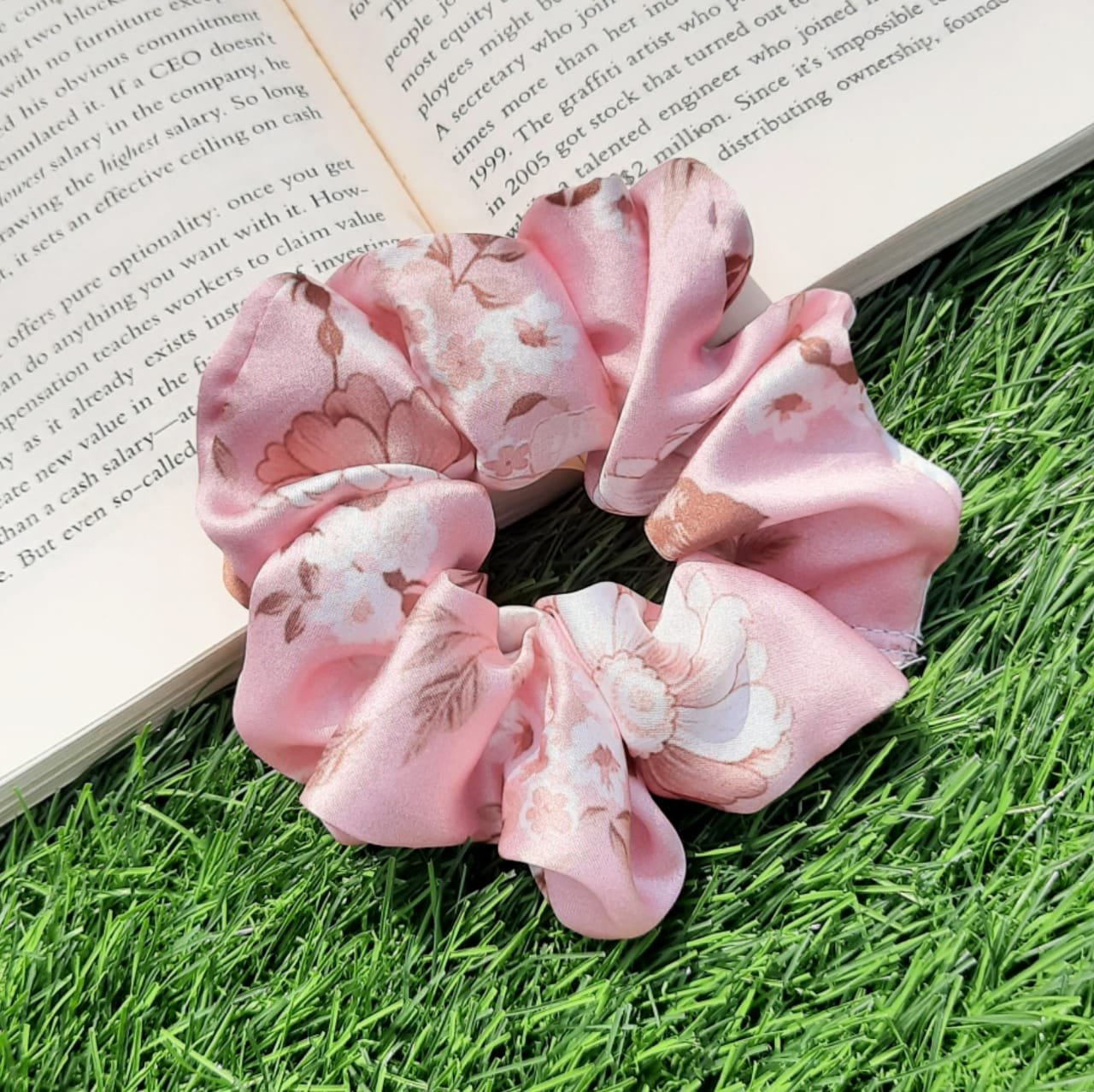 Pink Flora Satin Scrunchie