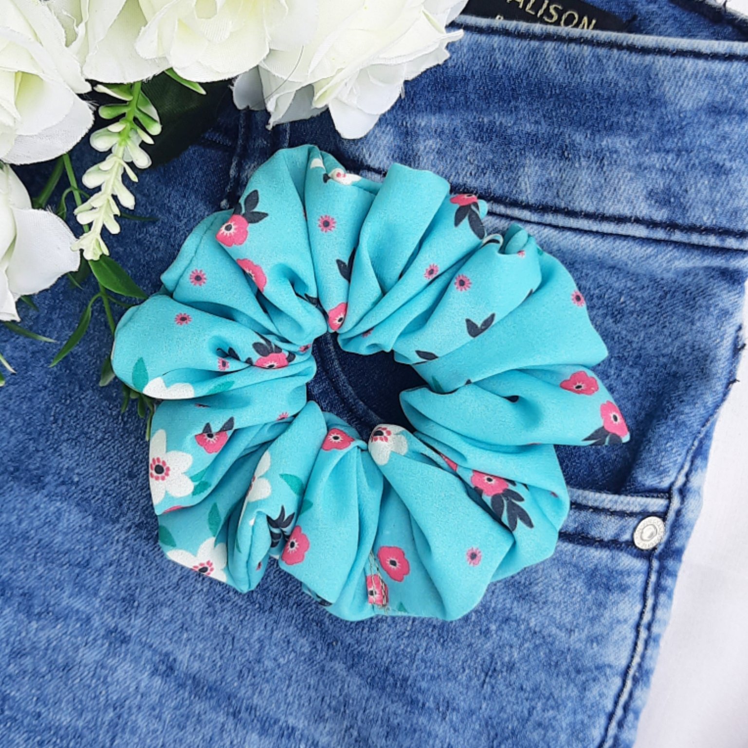 Bluish Green Flora Crepe Scrunchie