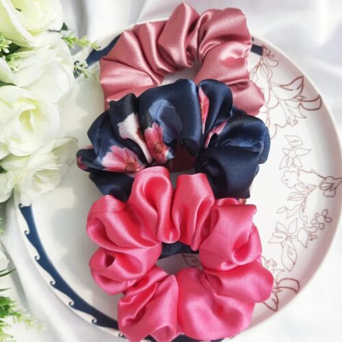 Combo of 3 Scrunchies || Blush Pink, Hot Pink & Flora