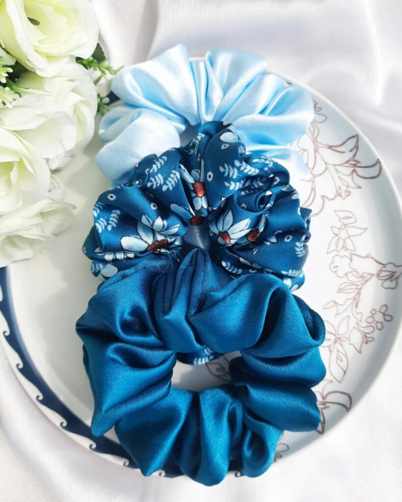 Combo of 3 Scrunchies || Light Blue, Royal Blue & Blue Flora