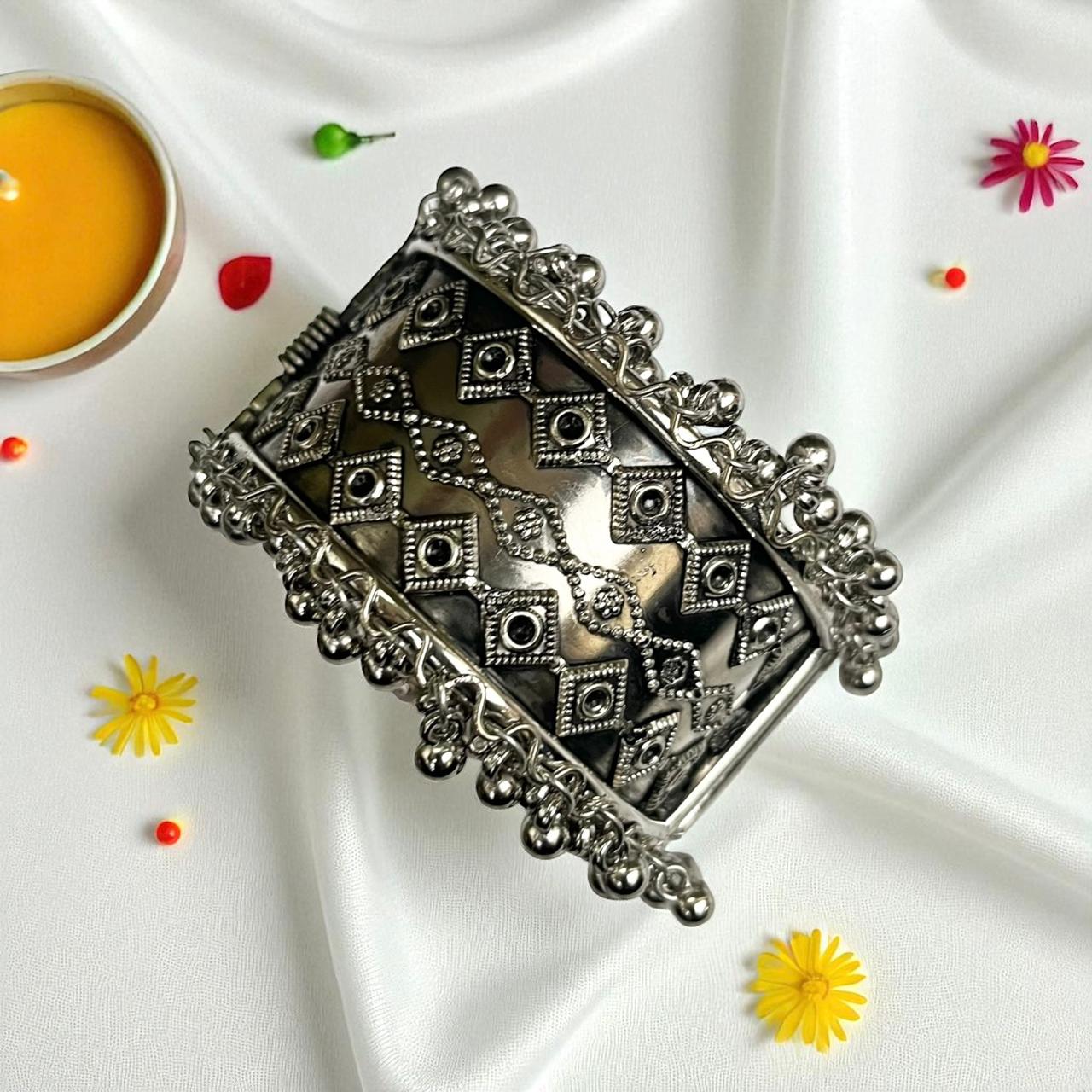 Oxidized Silver Bracelet with Corner Ghunghroo Accents - Medium Size (Design 1) Oxidized Silver Bracelet with Corner Ghunghroo Accents - Medium Size (Design 1) - Image 1