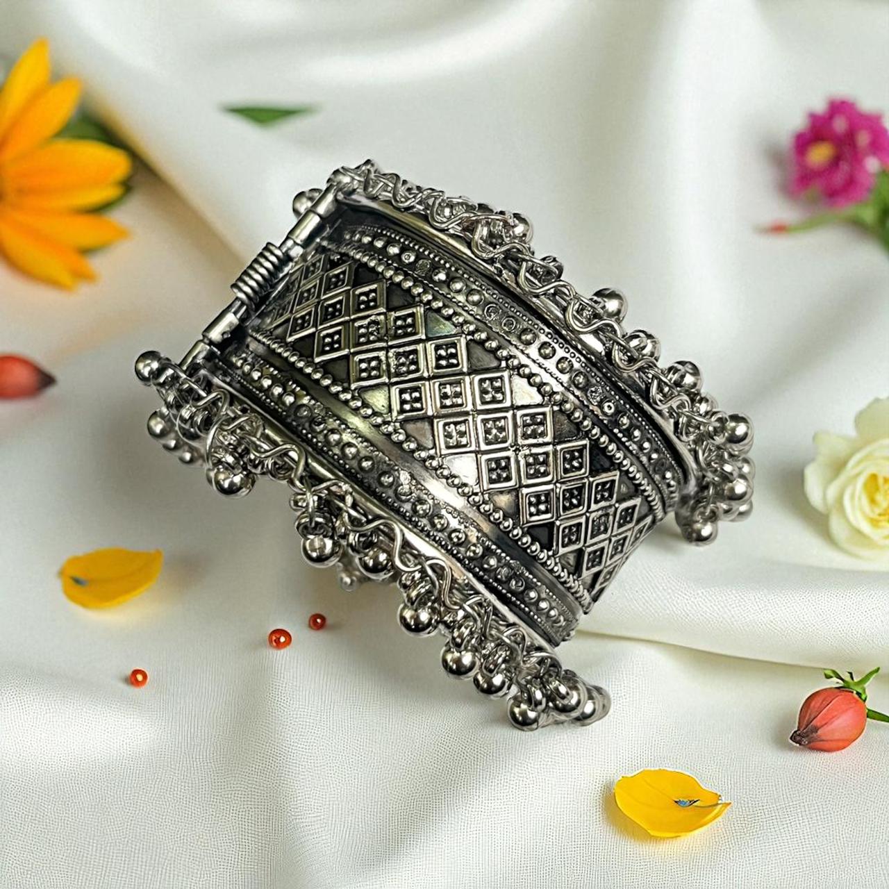 Oxidized Silver Bracelet with Corner Ghunghroo Accents - Medium Size (Design 2) Oxidized Silver Bracelet with Corner Ghunghroo Accents - Medium Size (Design 2) - Image 1