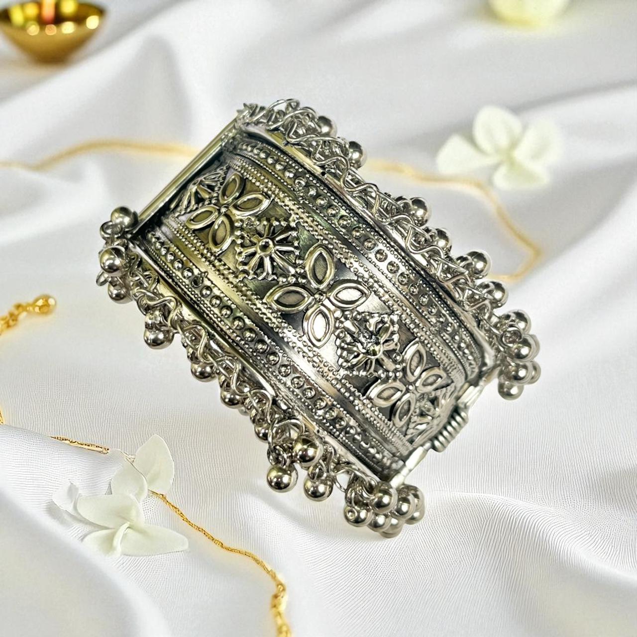 Oxidized Silver Bracelet with Corner Ghunghroo Accents - Medium Size (Design 3) Oxidized Silver Bracelet with Corner Ghunghroo Accents - Medium Size (Design 3) - Image 1