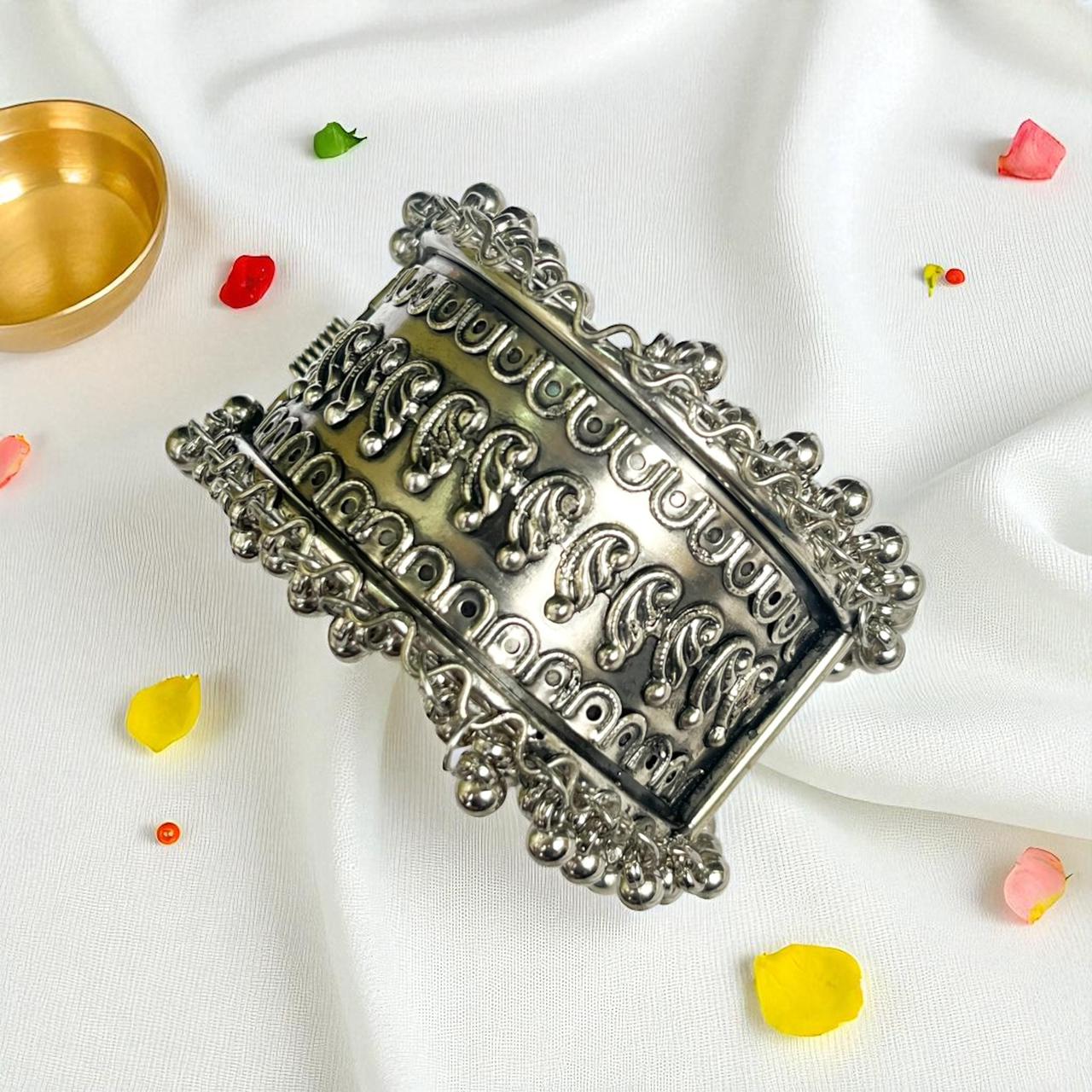 Oxidized Silver Bracelet with Corner Ghunghroo Accents - Medium Size (Design 4) Oxidized Silver Bracelet with Corner Ghunghroo Accents - Medium Size (Design 4) - Image 1